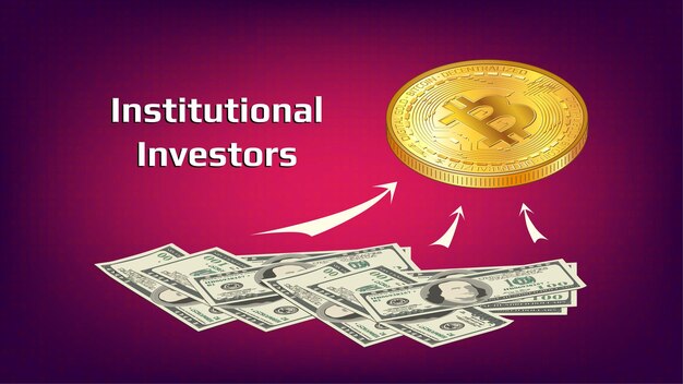 Concepto de flujo de dinero de los inversores institucionales a la industria de la criptografía y la compra de bitcoins banner para noticias sobre fondo rojo ilustración vectorial