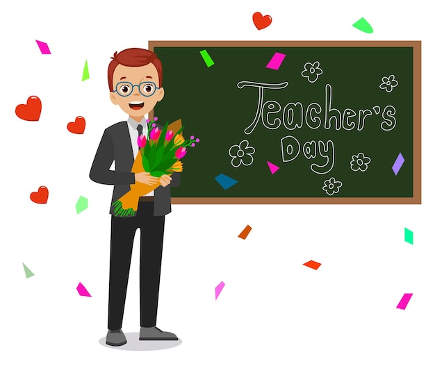 Concepto de fondo del cartel del día del maestro feliz Pretty Woman Teacher explicando el gesto con un hermoso adorno de flores y un marco de corazón de amor