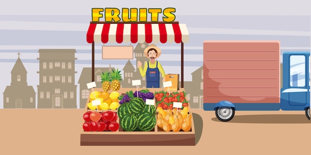 Vector concepto de fondo horizontal de frutas kiosco de la ciudad