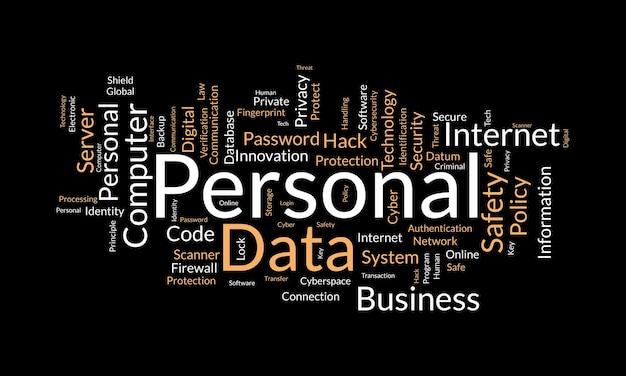 Concepto de fondo de nube de palabras para datos personales Política de protección de seguridad digital utilizada para la ilustración del vector de seguridad personal de Internet