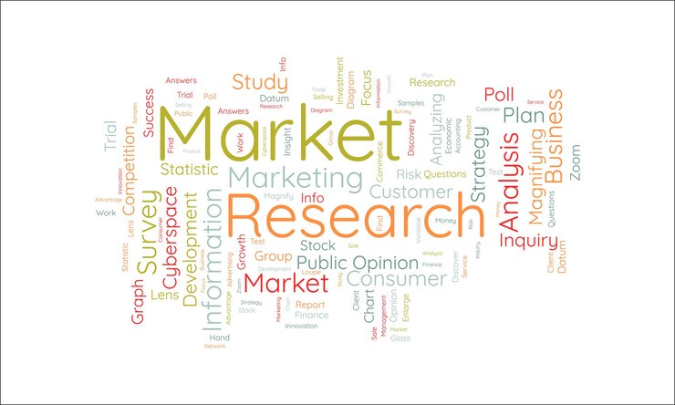 Vector concepto de fondo de nube de palabras para investigación de mercado análisis de estrategia empresarial para el desarrollo gráfico financiero estadística ilustración vectorial