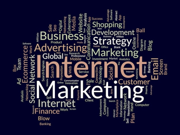 Concepto de fondo de nube de palabras para marketing en Internet Publicidad en la web con SEO Marketing digital y otros Ilustración vectorial de estrategia de medios digitales