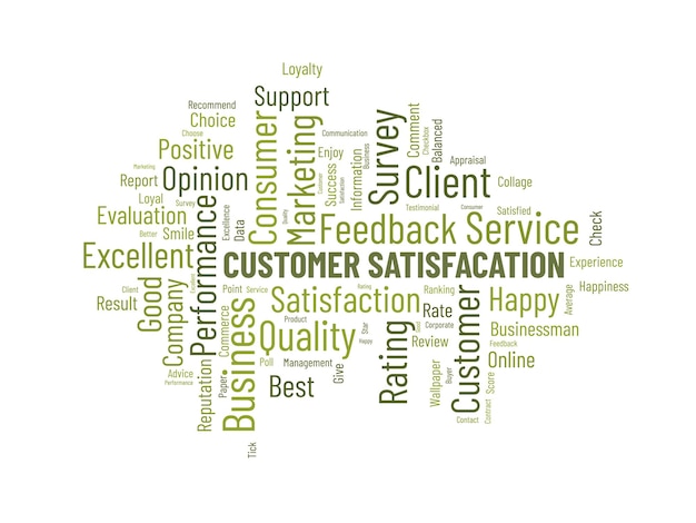 Concepto de fondo de nube de palabras para satisfacción del cliente Calificación de opinión de calidad de servicio al cliente de ilustración de vector de evaluación de desempeño