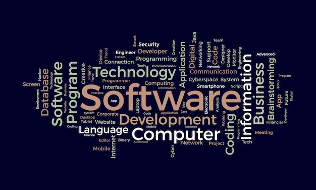 Concepto de fondo de nube de palabras para software Programación informática Desarrollo de la tecnología de red de nube Ilustración vectorial