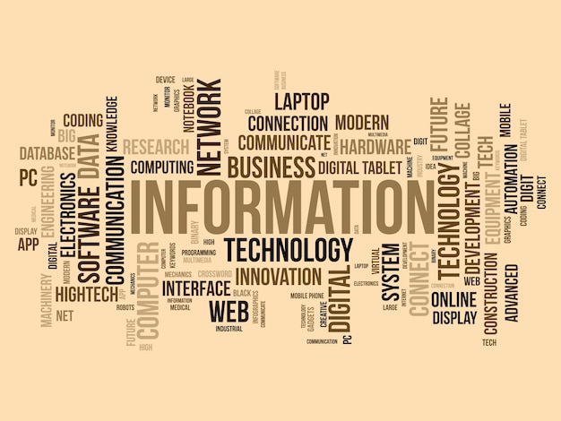 Concepto de fondo de nube de palabras para tecnología de la información Uso del sistema de red informática para desarrollar habilidades de comunicación en Internet ilustración vectorial