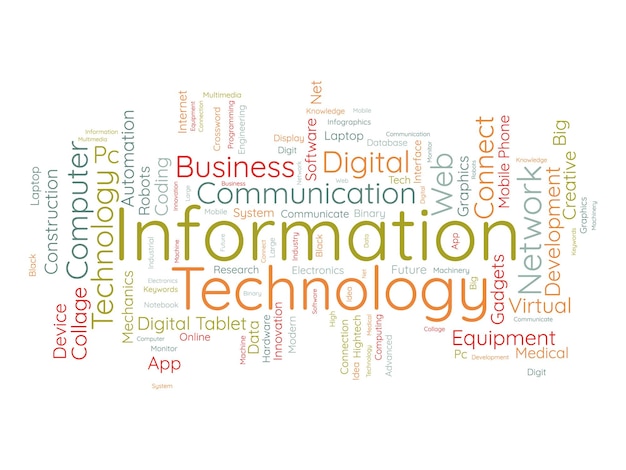 Concepto de fondo de nube de palabras para tecnología de la información uso del sistema de red informática para desarrollar habilidades de comunicación en internet ilustración vectorial