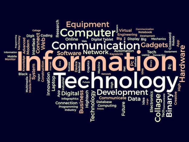 Concepto de fondo de nube de palabras para tecnología de la información Uso del sistema de red informática para desarrollar habilidades de comunicación en Internet ilustración vectorial