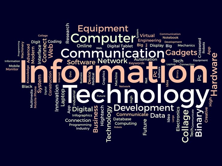 Vector concepto de fondo de nube de palabras para tecnología de la información uso del sistema de red informática para desarrollar habilidades de comunicación en internet ilustración vectorial