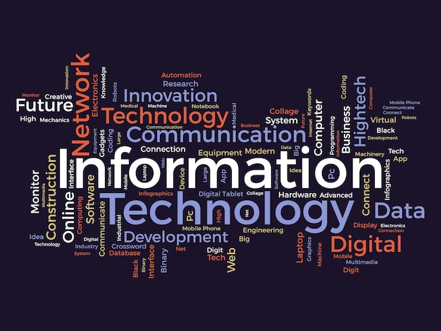 Vector concepto de fondo de nube de palabras para tecnología de la información uso de sistemas de red informática para la comunicación en internet habilidades de desarrollo ilustración vectorial