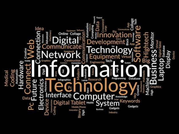 Concepto de fondo de nube de palabras para tecnología de la información Uso de sistemas de red informática para la comunicación en Internet Habilidades de desarrollo Ilustración vectorial