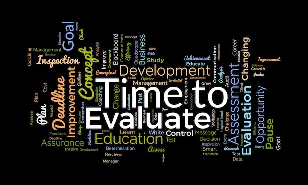 Concepto de fondo de nube de palabras para el tiempo para evaluar la evaluación del estudio de desarrollo de carrera evaluar la ilustración de vector de satisfacción de oportunidad