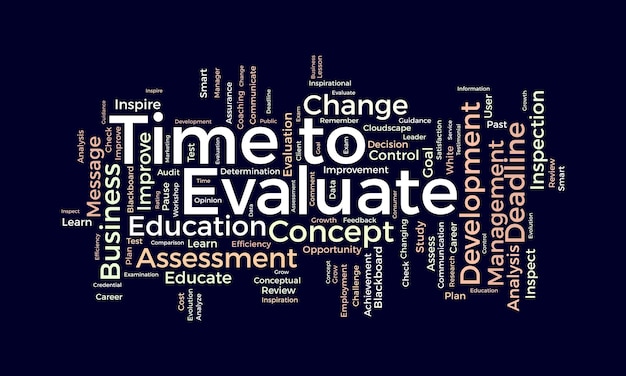 Concepto de fondo de nube de palabras para el tiempo para evaluar la evaluación del estudio de desarrollo de carrera evaluar la ilustración de vector de satisfacción de oportunidad