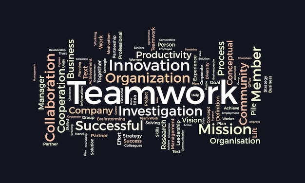 Concepto de fondo de nube de palabras para el trabajo en equipo El éxito empresarial con la asociación conjunta del logro de liderazgo Ilustración vectorial
