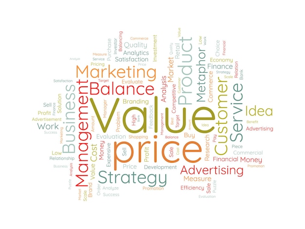 Concepto de fondo de nube de Word para metáfora de análisis financiero de precio de valor con ilustración de vector de medida de equilibrio