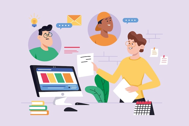 Concepto de fondo violeta de videoconferencia con escena de personas en el estilo de caricatura plana El director invitó a sus colegas a una videoconferencia para discutir el estado de cosas Ilustración vectorial