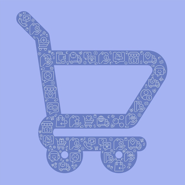 Concepto de forma perfecta de píxel de carrito de compras lleno de iconos lineales editables