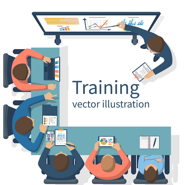 Vector concepto de formación empresarial. capacitación de personal corporativo. reunión informativa. seminario de negocios. diseño plano de ilustración vectorial. empleado de la conferencia. decisiones de planificación.