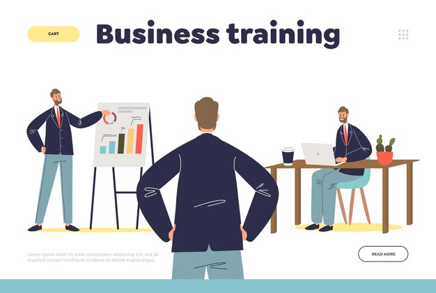 Concepto de formación empresarial de la página de inicio con vista posterior del entrenador de éxito y desarrollo de pie con las manos dobladas frente al equipo de trabajadores. ilustración vectorial plana