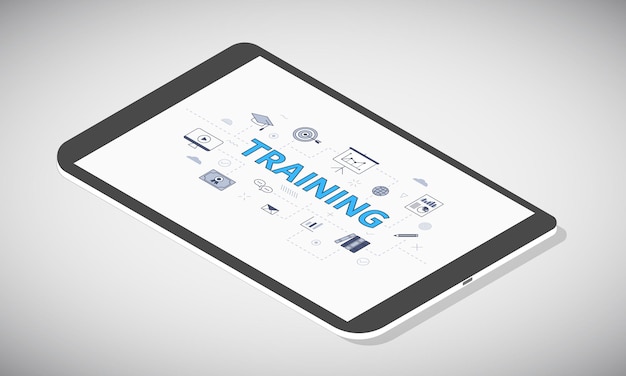 Concepto de formación empresarial en la pantalla de la tableta con ilustración de vector de estilo isométrico 3d