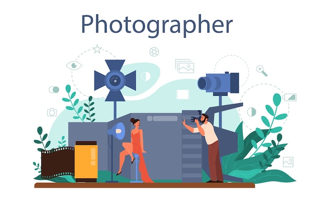 Concepto de fotógrafo. fotógrafo profesional con cámara tomando fotografías de un modelo. cursos de fotografía y ocupación artística. ilustración de vector plano aislado