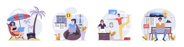 Concepto de freelance con escenas de personas ambientadas en diseño web plano Colección de situaciones de personajes con freelancers que trabajan en línea mientras viajan haciendo tareas a distancia y relajarse Ilustraciones vectoriales
