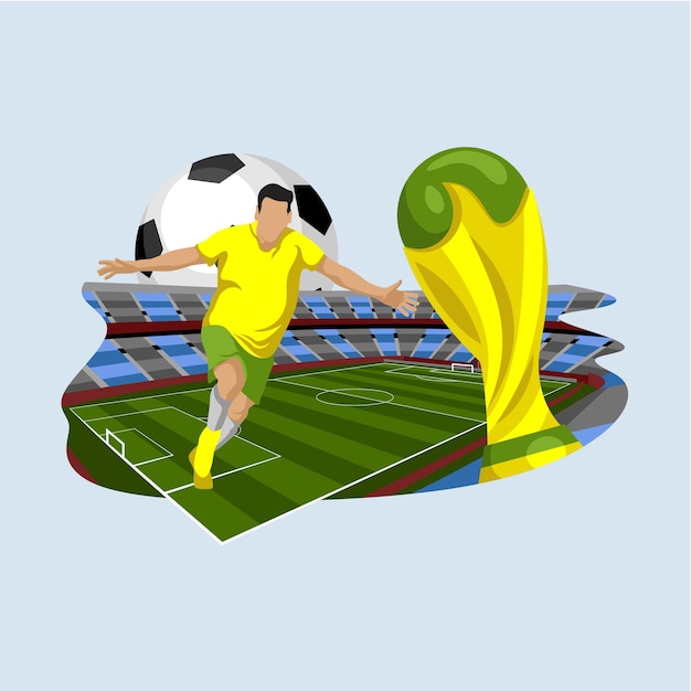 Concepto de fútbol con atletas jugadores de fútbol trofeos y estadio para el fondo