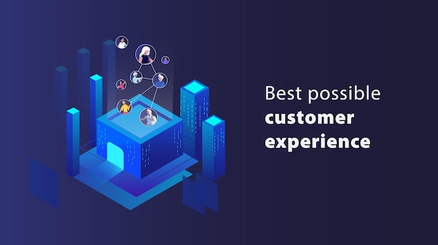 Concepto futurista de experiencia del cliente con conexiones de red en un paisaje urbano digital