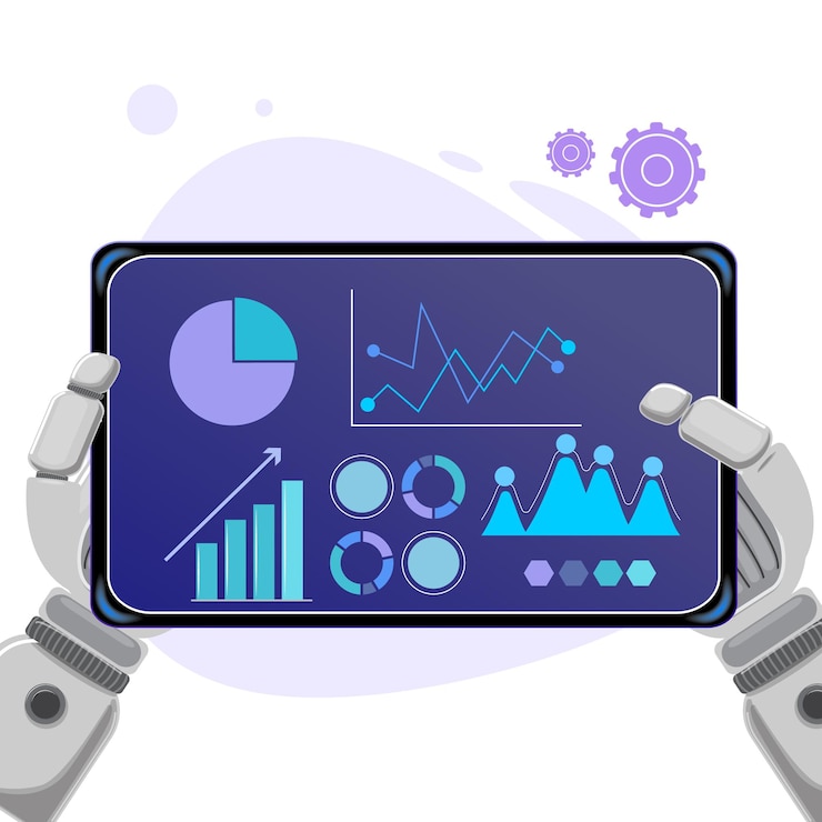 Vector concepto futurista de visualización de datos de ia con manos robóticas