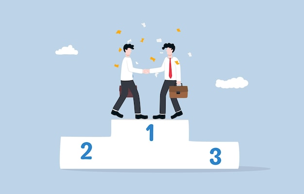 Concepto de ganancia mutua de negocios de estrategia Winwin Apretón de manos de hombres de negocios en el podio del primer lugar