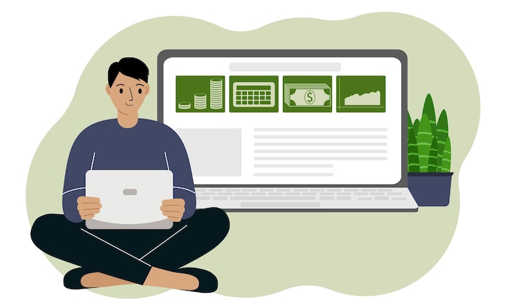 Vector el concepto de ganancias en línea, inversiones. un hombre está sentado con una computadora portátil. una computadora portátil con una página web abierta.