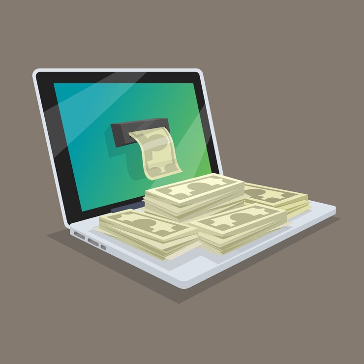 Vector concepto de ganancias o ingresos en línea en la red. obteniendo dinero de la computadora. ilustración