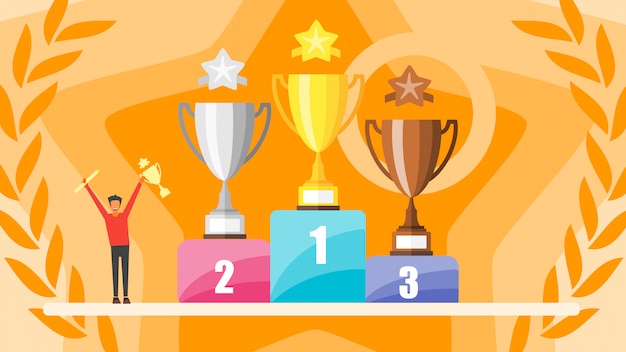 Concepto de ganar Gente minúscula que sostiene el trofeo de oro. Copas de oro, plata y bronce en un podio.