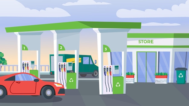 Concepto Gasolinera Una ilustración plana diseñada con dibujos animados con una gasolinera como fondo