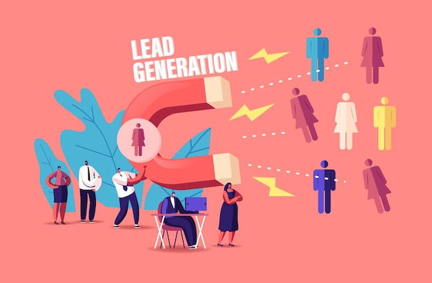 Concepto de generación de leads. Carácter de empresario diminuto que atrae clientes con un imán enorme que atrae nuevos clientes potenciales y genera ingresos con la tecnología de Inbound Marketing. Ilustración de Vector de gente de dibujos animados