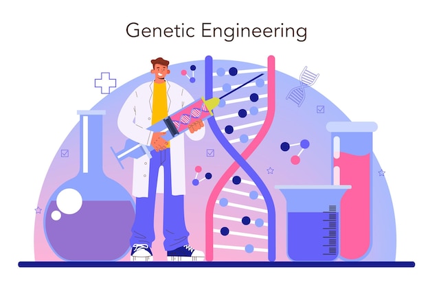Concepto de genetista. Medicina y tecnología científica. El científico trabaja con la estructura de la molécula de ADN. Análisis de pruebas genéticas y prevención de enfermedades genéticas. Ilustración vectorial plana