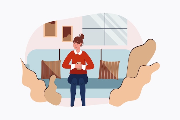 Concepto La gente usa aparatos con la escena de la gente en el estilo de dibujos animados planos La chica resuelve preguntas importantes con la ayuda de un teléfono inteligente mientras se sienta en el sofá Ilustración vectorial