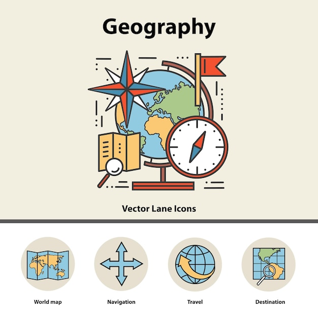 Vector concepto de geografía de línea delgada de color moderno para la universidad escolar y la formación