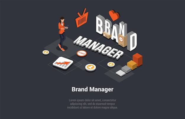Concepto de gerente de marca Observación de tendencias Trabajo en equipo de marketing de red de redes sociales en relaciones de construcción de marca personal con el gobierno del cliente y los inversores Ilustración vectorial 3D isométrica