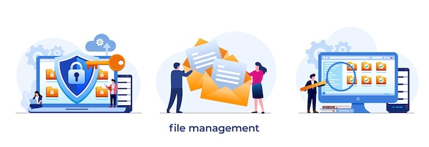 Concepto de gestión de archivos almacenamiento en la nube sistema memoria internet archivo tecnología base de datos documento de seguridad ilustración plana vector