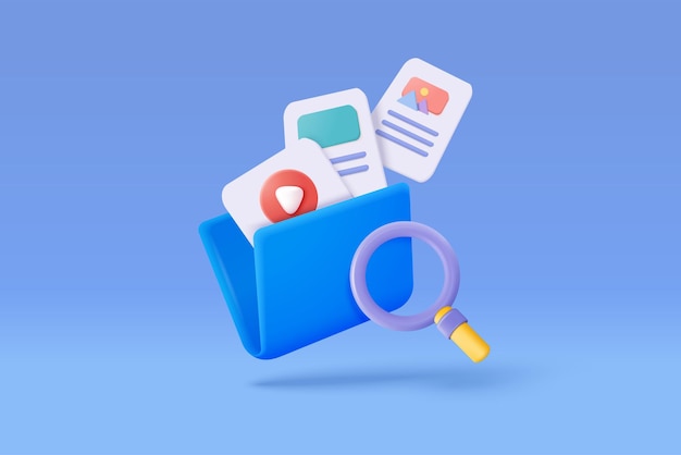 Concepto de gestión de archivos de medios 3d Búsqueda de archivos de imagen y video en la base de datos Gestión de documentos aplicación de flujo de documentos suaves concepto de documentos compuestos icono de aumento 3d ilustración de representación vectorial