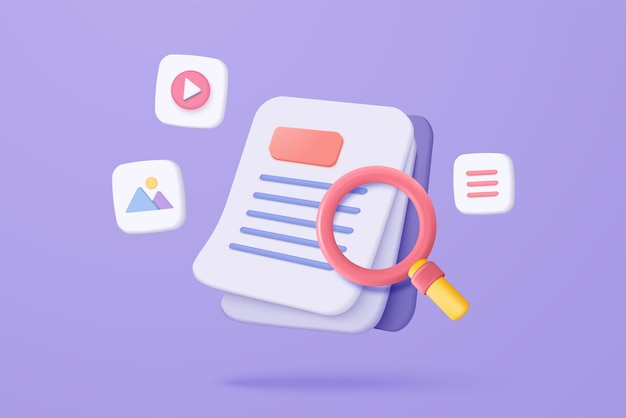 Concepto de gestión de archivos de medios 3D Búsqueda de archivos de imagen y video en la base de datos Gestión de documentos software flujo de documentos aplicación de documentos compuestos concepto de representación vectorial de iconos de ampliación 3D ilustración
