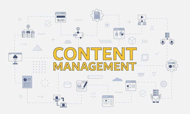 Concepto de gestión de contenido con conjunto de iconos con gran palabra o texto en el centro