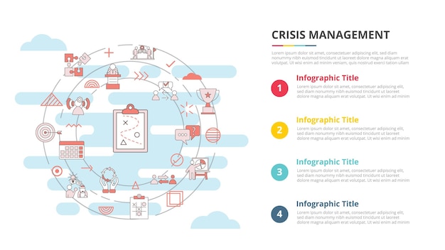 Concepto de gestión de crisis para banner de plantilla infográfica con vector de información de lista de cuatro puntos