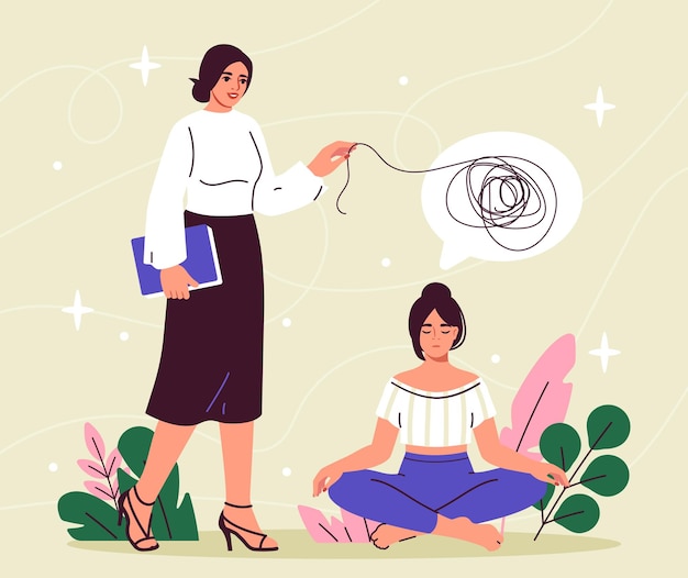 Concepto de gestión de emociones empresaria cerca de chica en posición de loto calma interior y equilibrio