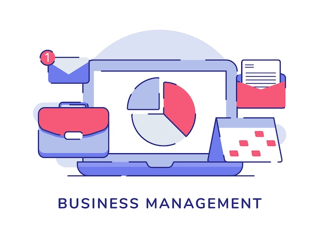 Vector concepto de gestión empresarial con gráfico circular y objetos de icono relacionados con estilo de contorno plano