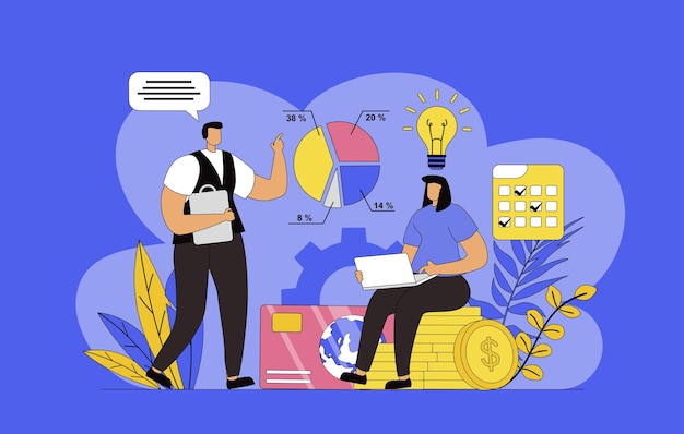 Concepto de gestión financiera con diseño plano moderno para la web Hombre y mujer contando datos y analizando el presupuesto inspeccionando estadísticas e informes bancarios planeando sus finanzas Ilustración vectorial