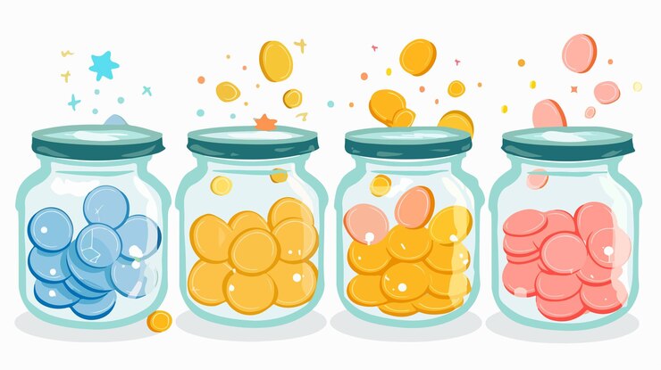 Vector concepto de gestión financiera con monedas en frascos de vidrio y etiquetas