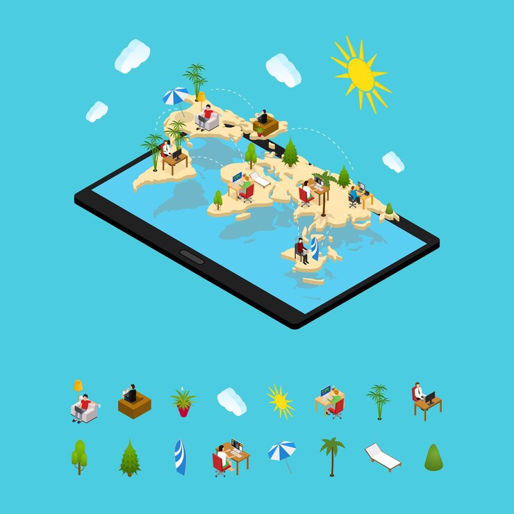 Vector concepto de gestión remota y elementos vista isométrica 3d sobre fondo azul tecnología de red de gestión empresarial con ilustración de vector de tableta