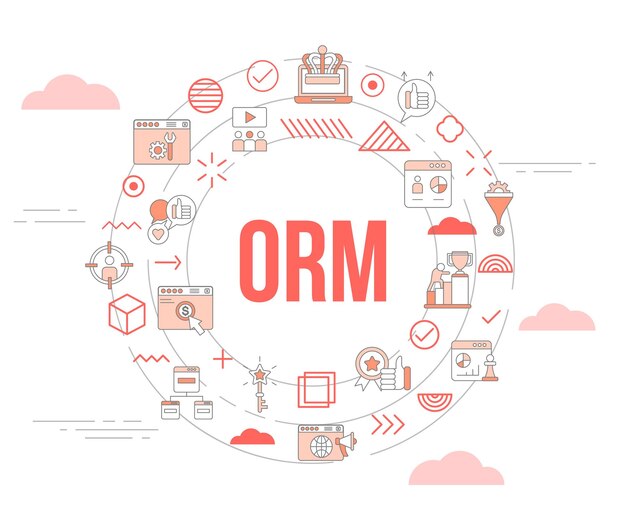 Concepto de gestión de reputación en línea de Orm con banner de plantilla de conjunto de iconos y forma redonda circular