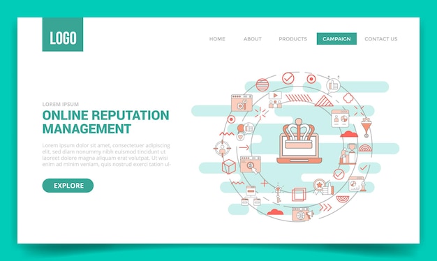 Concepto de gestión de reputación en línea de Orm con icono de círculo para plantilla de sitio web o página de inicio de página de inicio